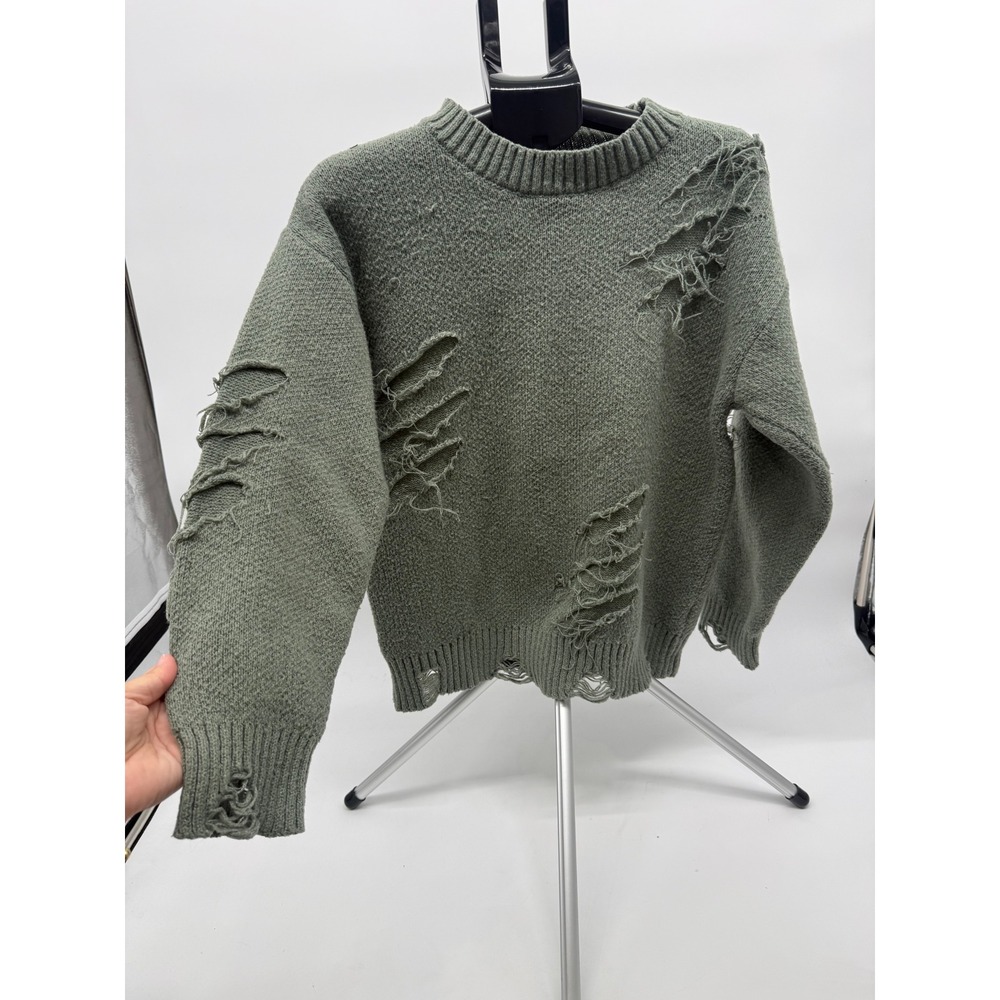 ROMWE Mens Distressed Shredded Crewneck Sweater Olive Green Grunge Punk Size M